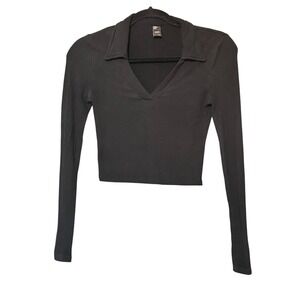 Cider Crop Shirt Womens Size XS Black L/S Stretchy Collar Cropped Top